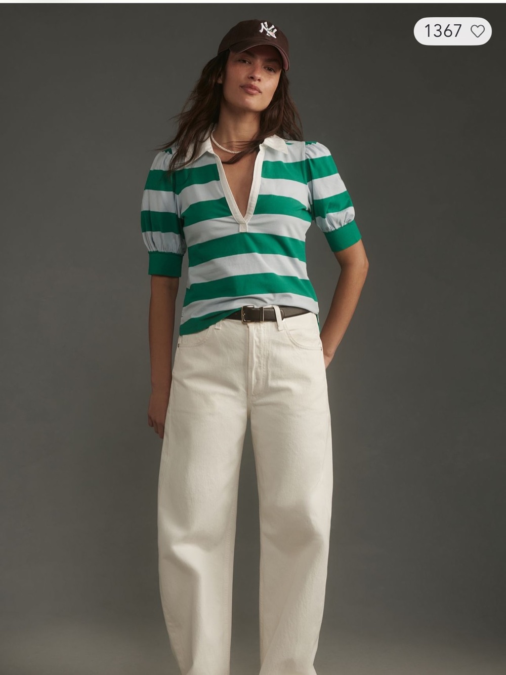 Anthropologie Maeve Green and White Striped Polo Top Size S
